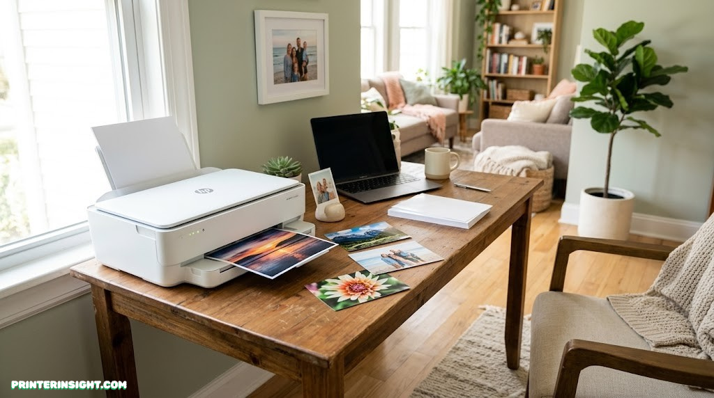 A home printer set up on a desk in a bright living space with printed photos nearby