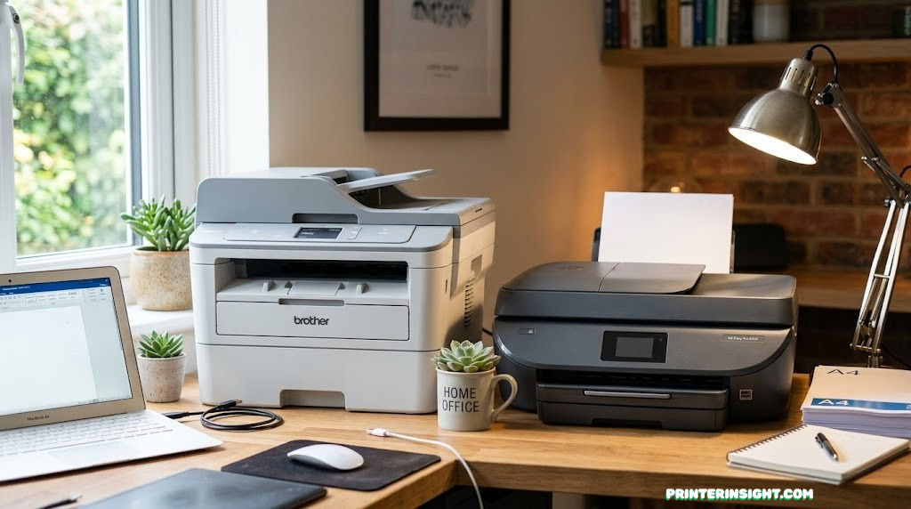 Brother and HP printers side by side on a home desk
