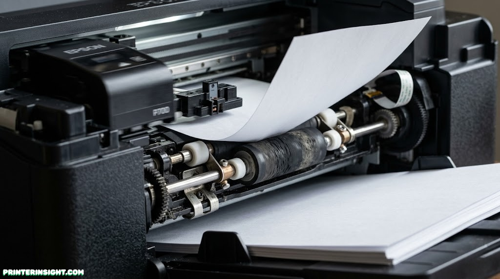 Close-up of a printer feeding a sheet of paper during a print job