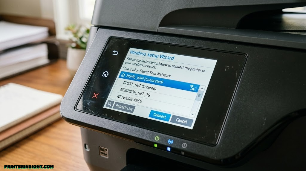 Close-up of a printer's control panel showing the wireless network setup screen