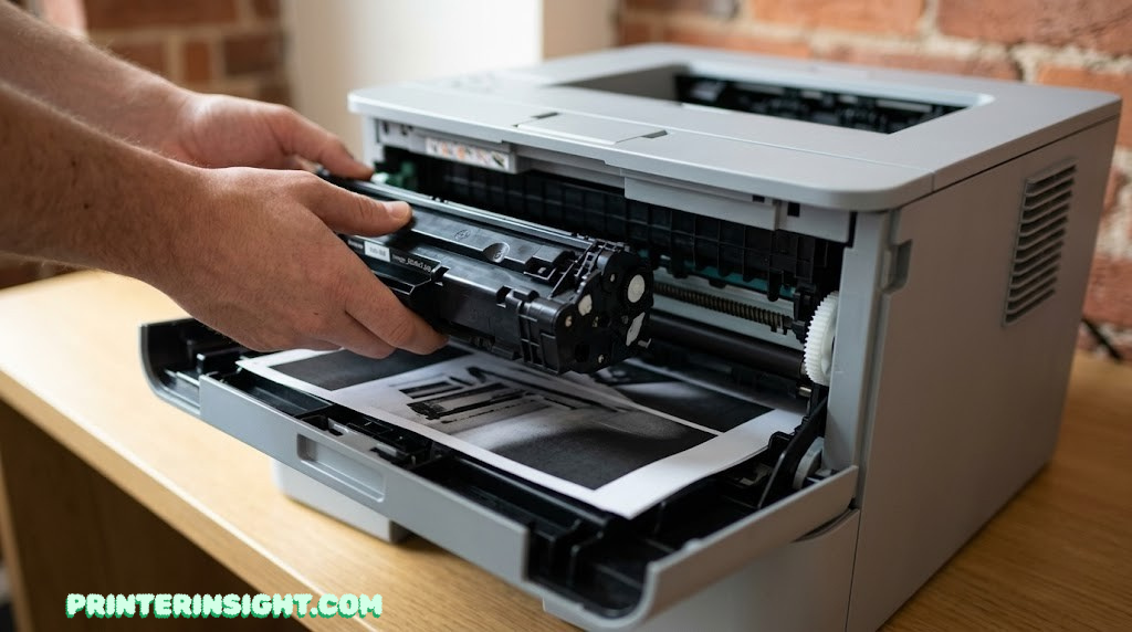Close-up of a toner cartridge being installed into a home laser printer