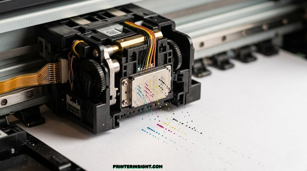 Close-up of printer nozzles and print head assembly