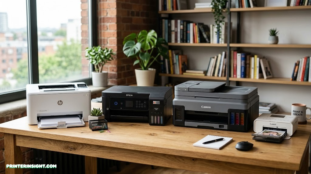 Collection of modern printers on desk
