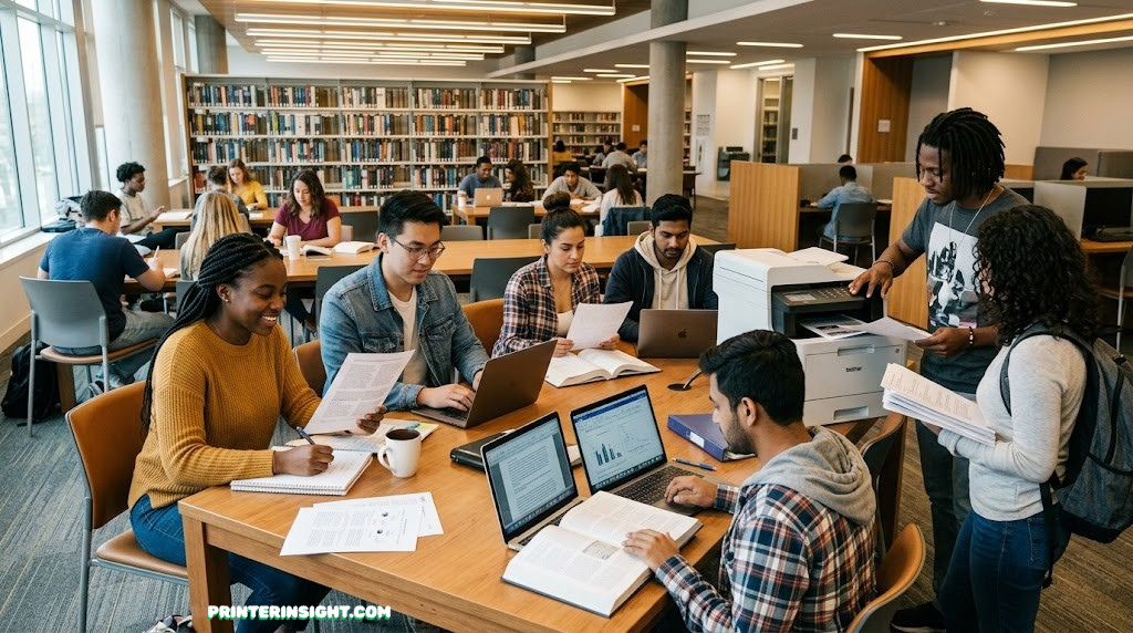 Diverse students in library studying and printing documents
