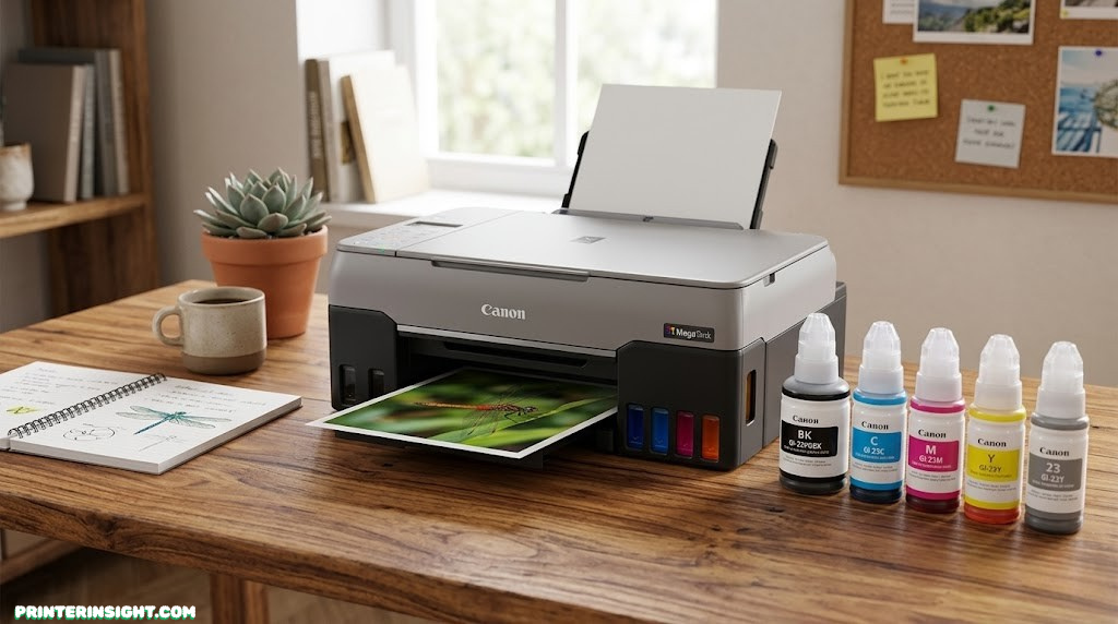 Ink tank printer with ink bottles on desk