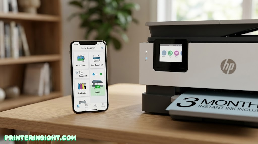 Printer companion app open on a smartphone next to a home printer