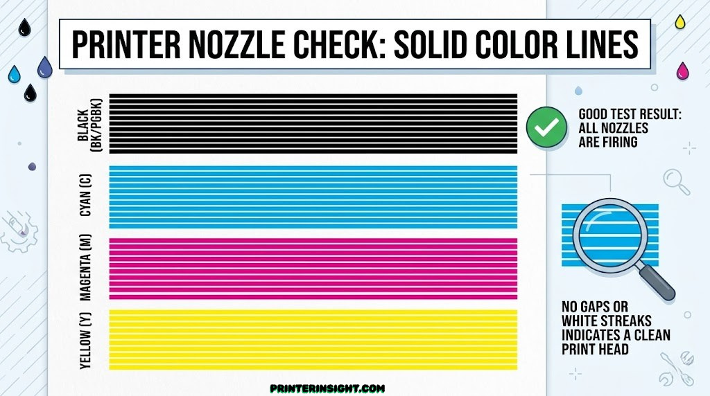 Printer nozzle check test page showing solid color lines