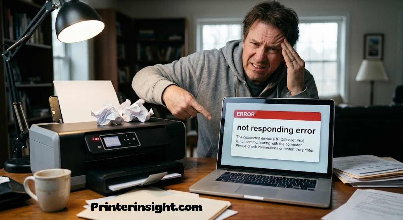 Frustrated person checking a home printer that displays a not responding error on a laptop screen