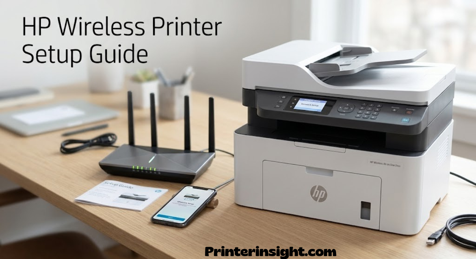 HP wireless printer set up on a desk next to a WiFi router, ready for network setup