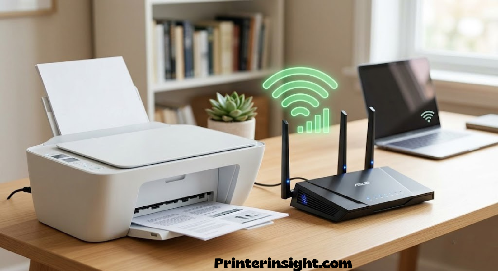 Home office printer sitting next to a router showing a Wi-Fi connection