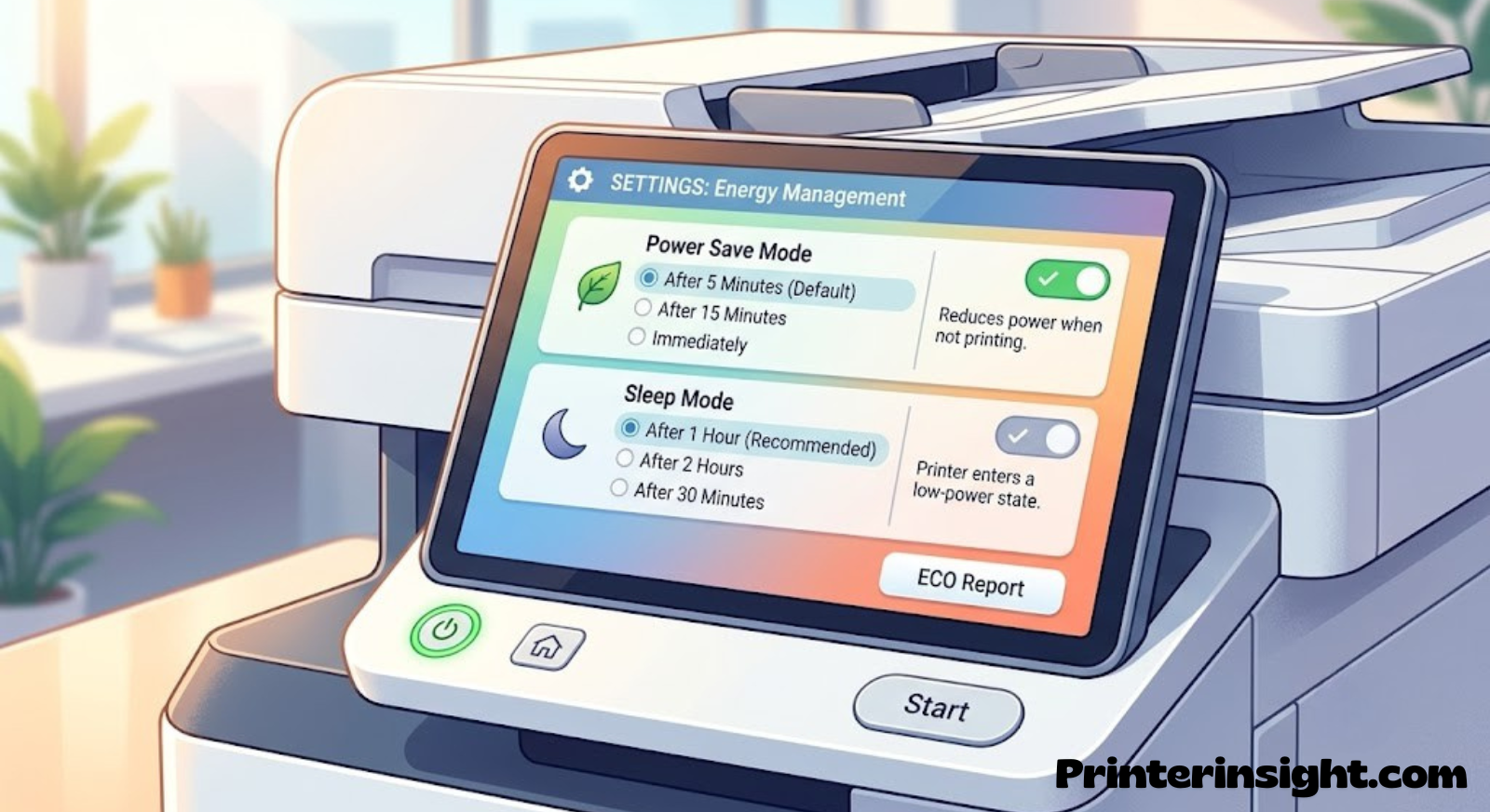 Printer control panel showing power save and sleep mode settings