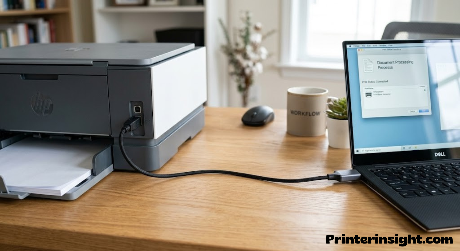USB cable connected from a printer to a laptop