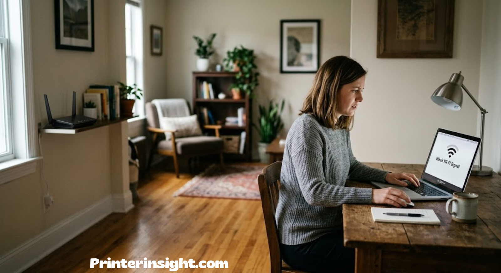 Wi-Fi router placed across a room from a desk with weak signal bars