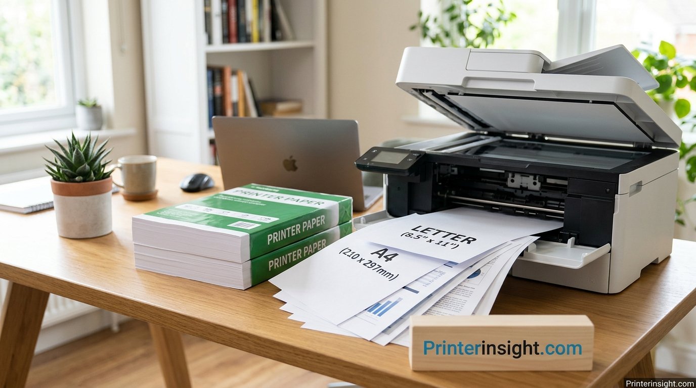 A stack of standard printer paper next to an open home printer with Letter and A4 sheets fanned out on a desk