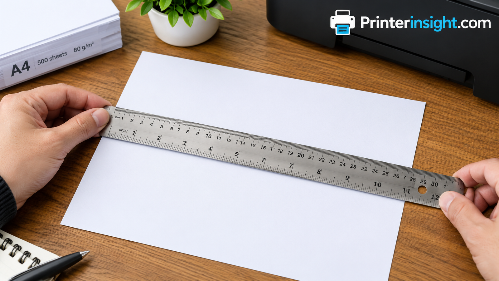 Close-up of a hand measuring a sheet of printer paper with a ruler on a wooden desk