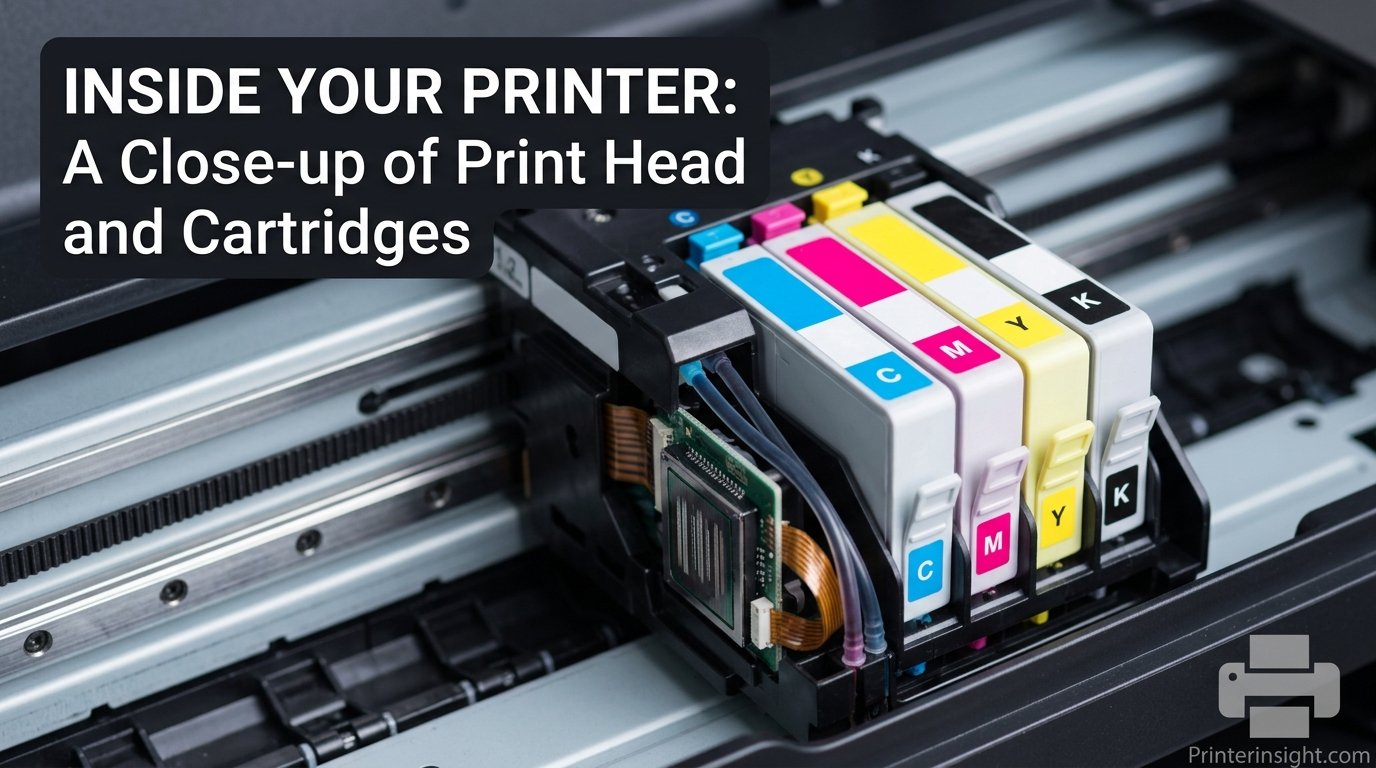Close-up of a printer print head and ink cartridges