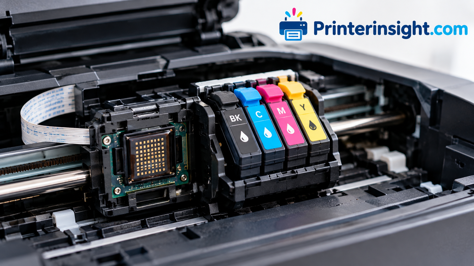 Close-up of a printhead and ink cartridges inside an open inkjet printer