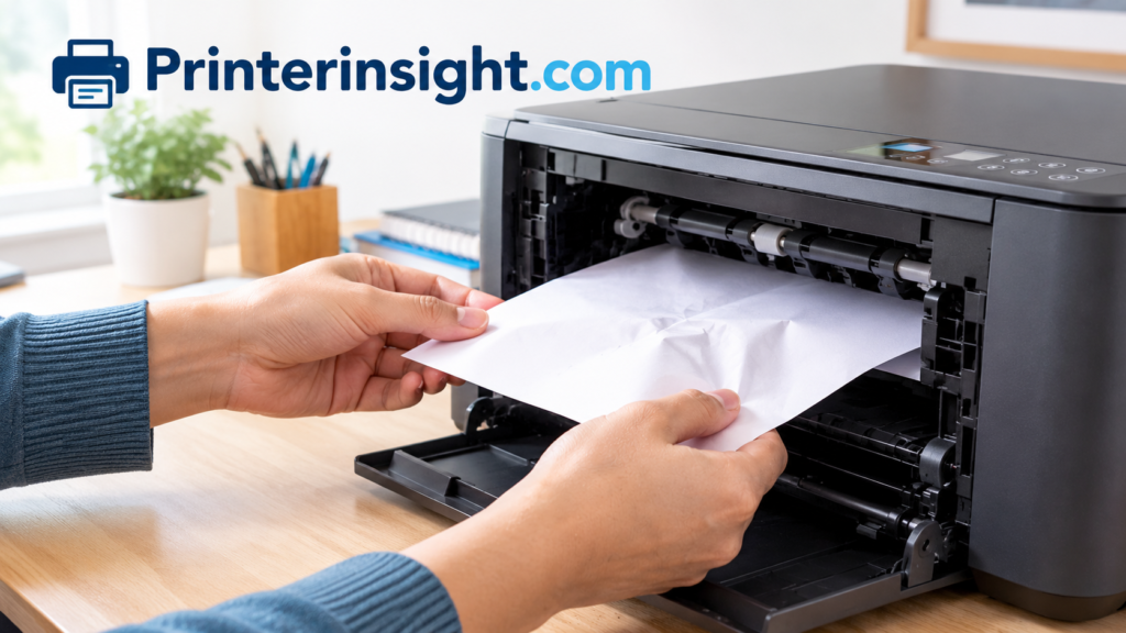 Hands gently removing a jammed sheet of paper from a home printer