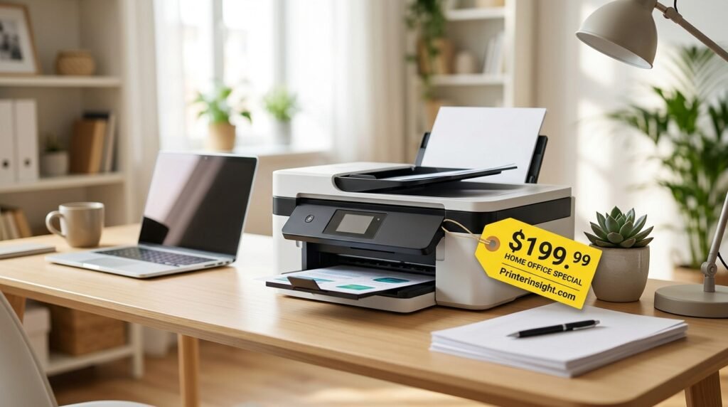 Home printer on a desk with a price tag
