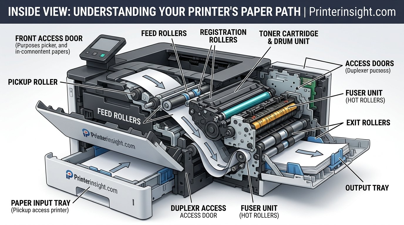Inside view of a printer paper path with rollers and access doors labeled