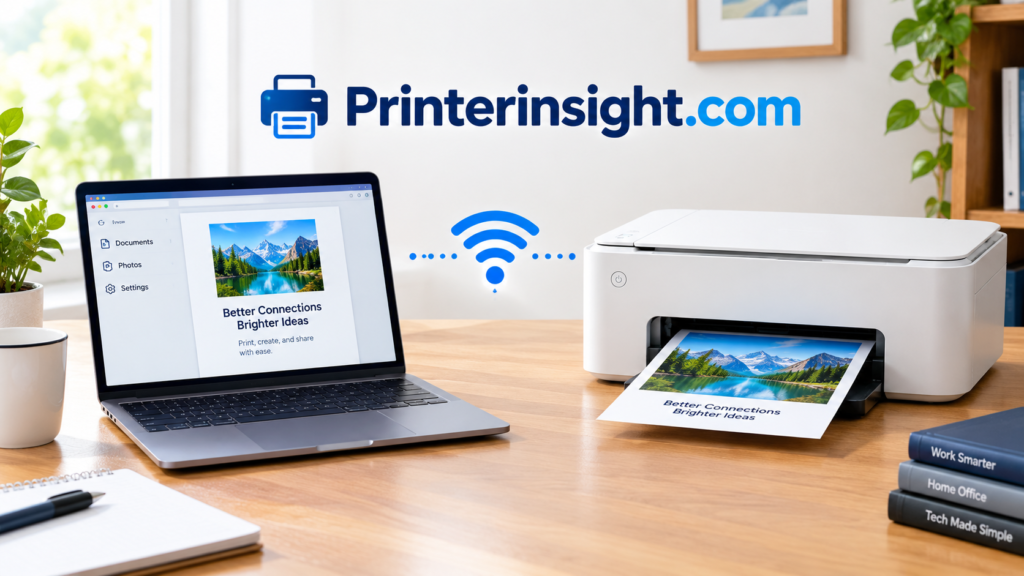 Laptop and home printer on a desk with a wireless connection icon between them