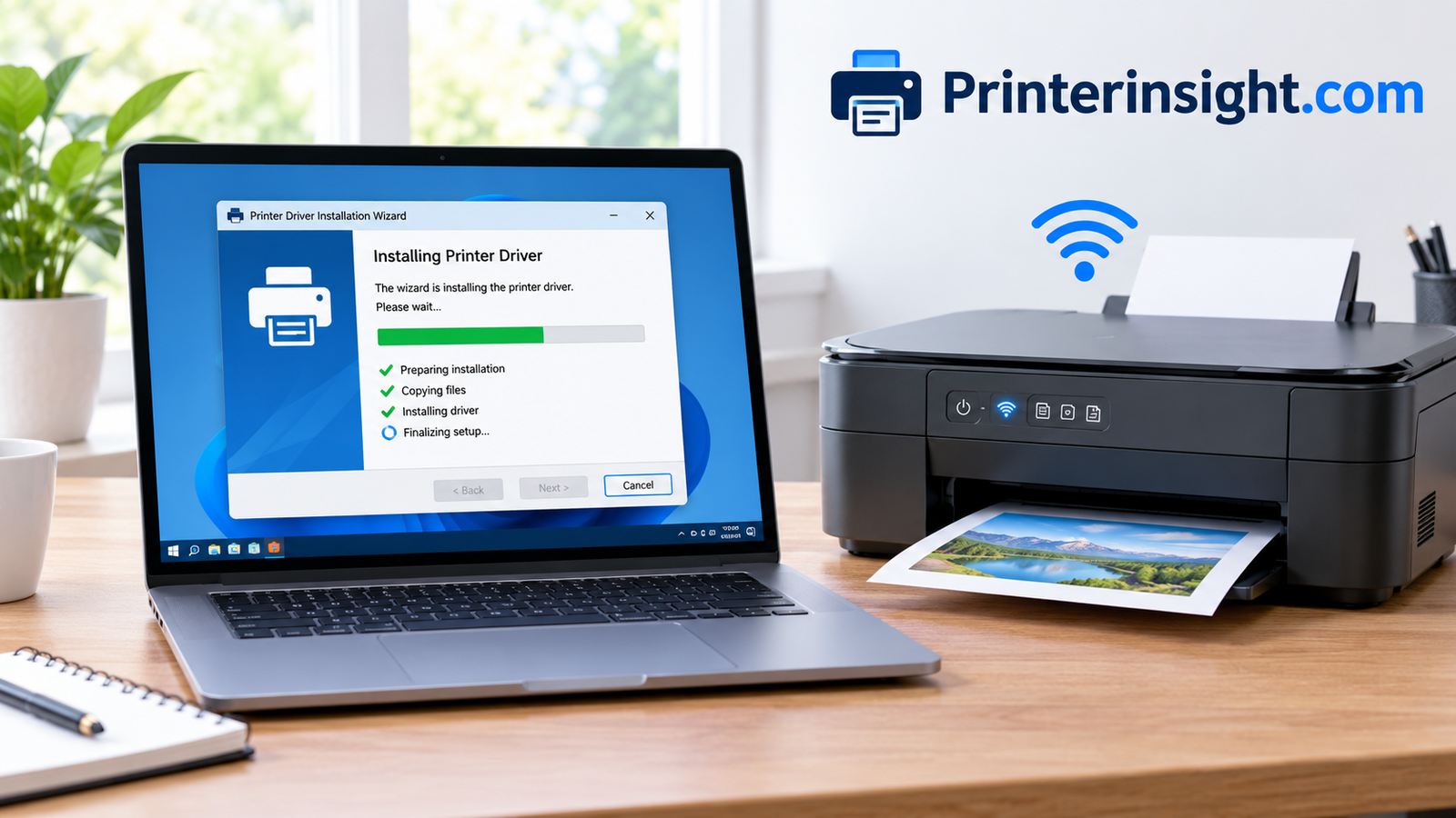 Laptop screen showing a printer driver installation wizard beside a wireless printer