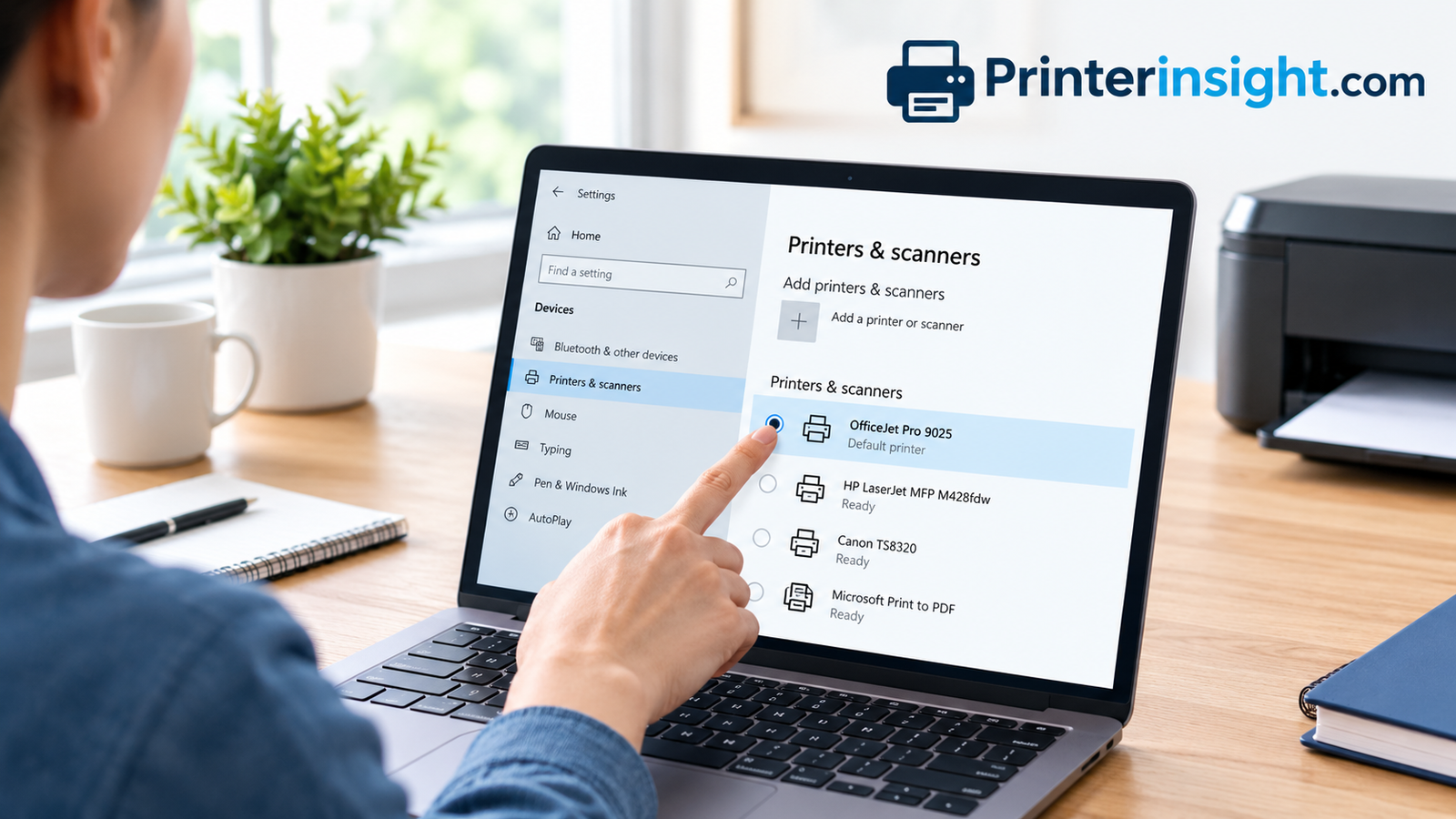Person choosing the default printer in the printer settings of a laptop