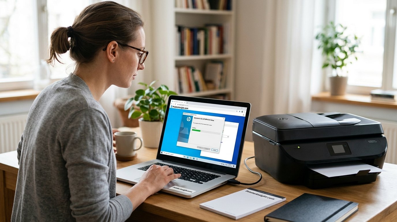 Person installing a printer driver on a laptop next to a home printer