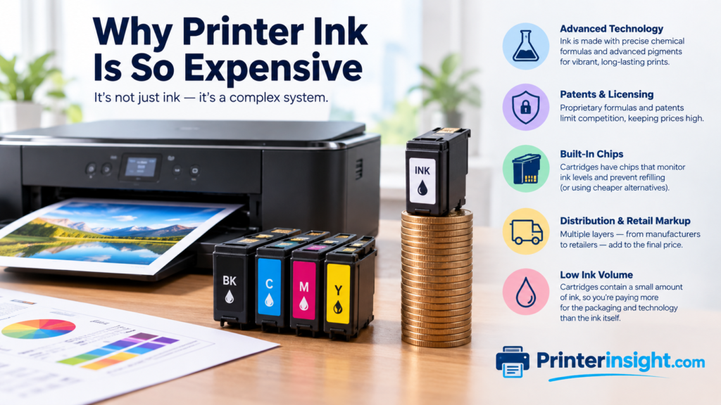 Printer cartridges and a home inkjet printer, illustrating why printer ink is so expensive