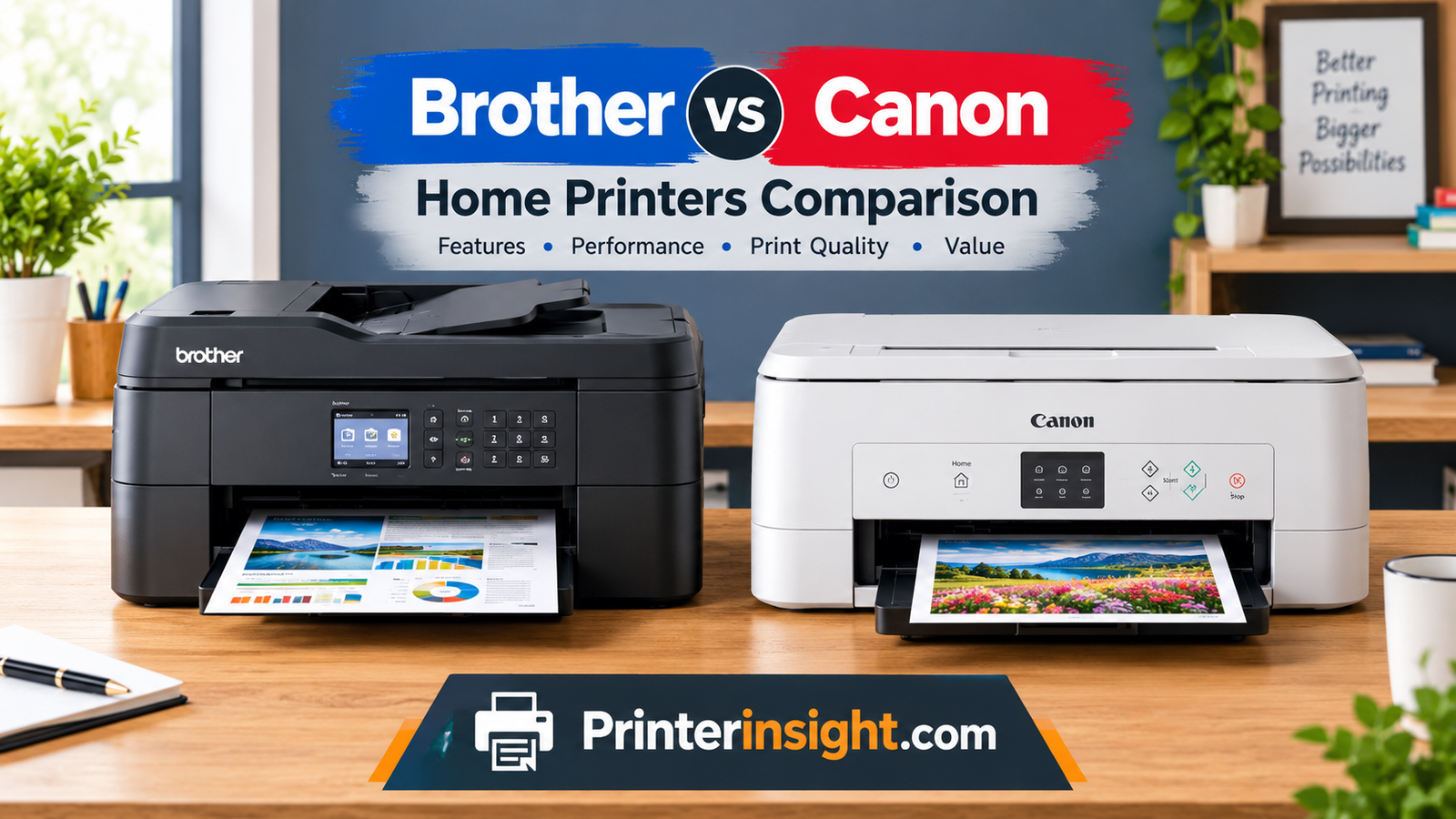Brother and Canon home printers shown side by side on a desk for comparison