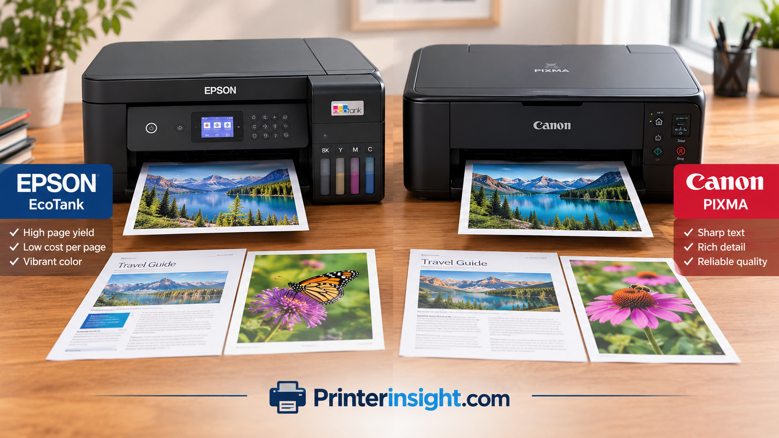 Close-up of Epson EcoTank and Canon PIXMA printed pages compared