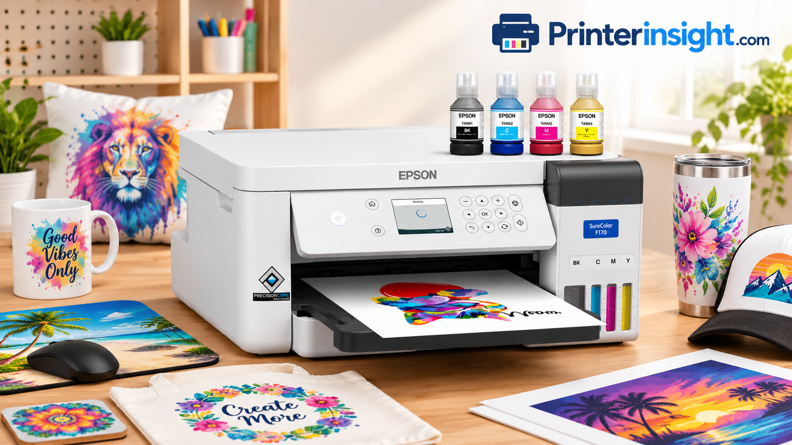 Epson SureColor F170 dye-sublimation printer on a craft desk