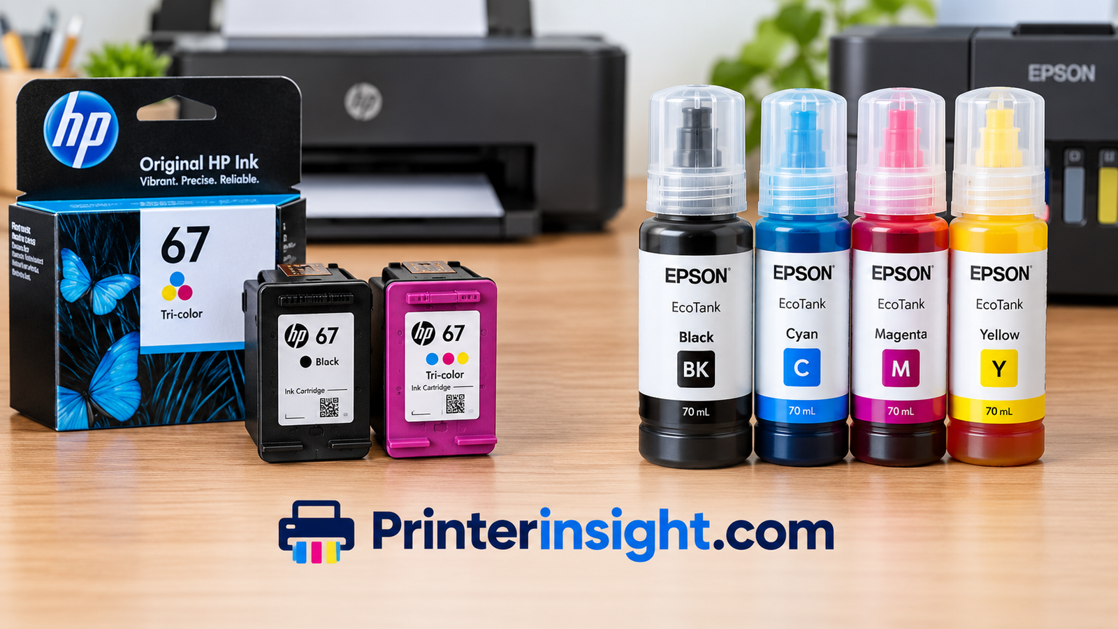 Close-up comparison of HP ink cartridges and Epson EcoTank refillable ink bottles