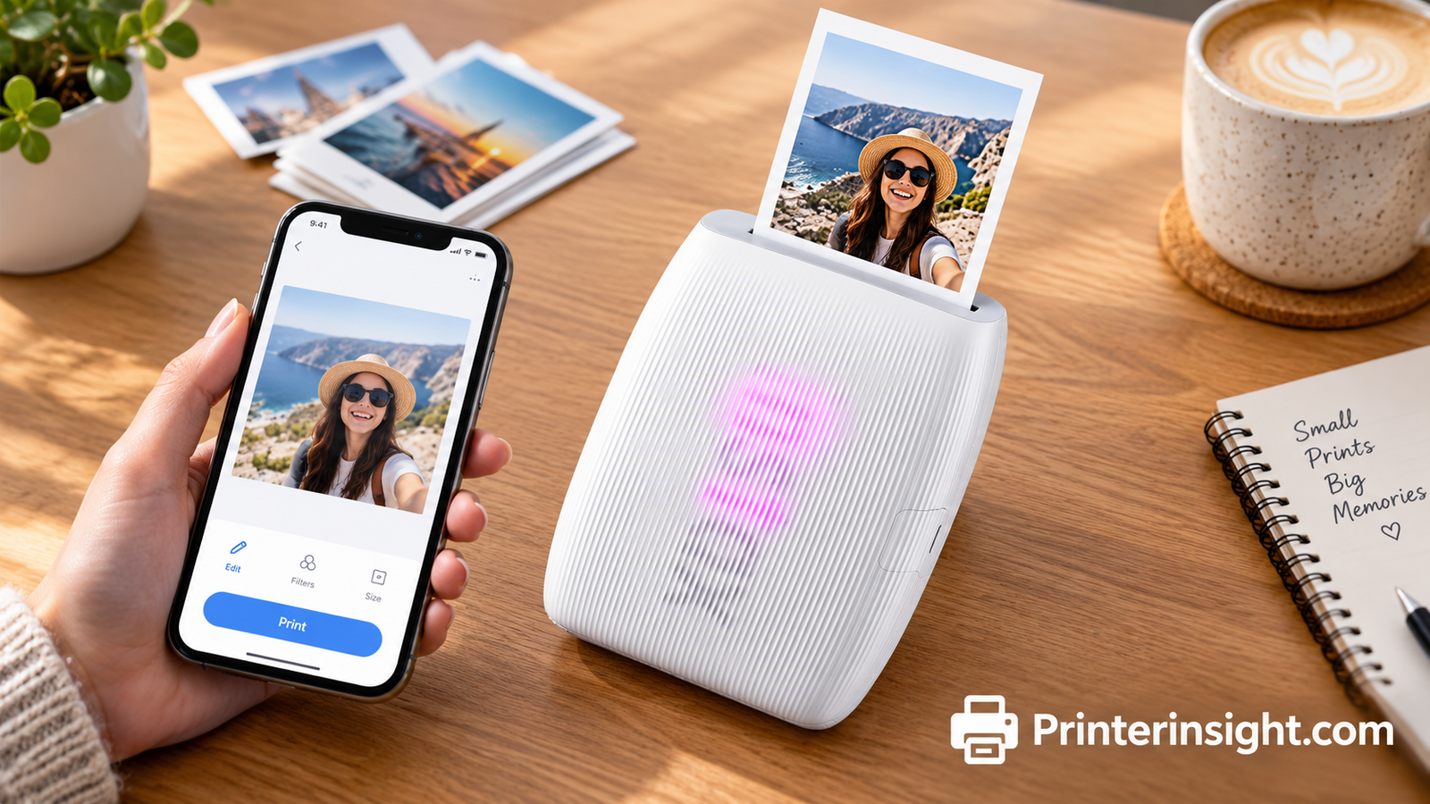 Portable photo printer printing a photo from a phone
