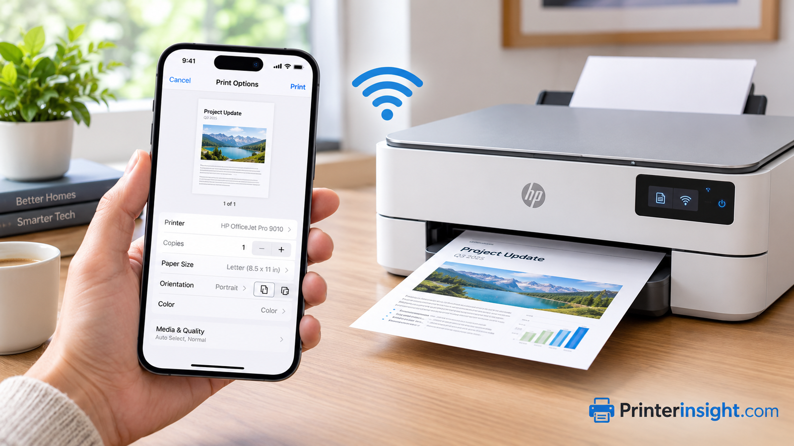 iPhone showing the Print Options screen next to a wireless home printer